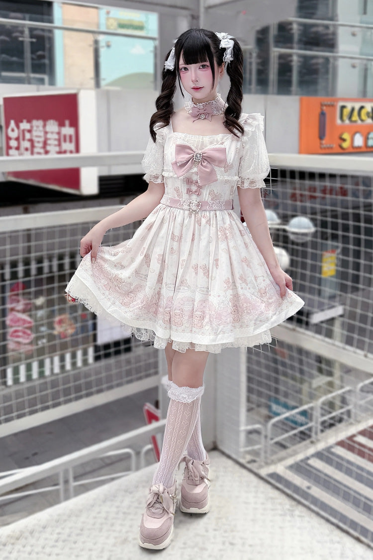 Teddy Bear Party Square Collar Dress with Ruffled Bow