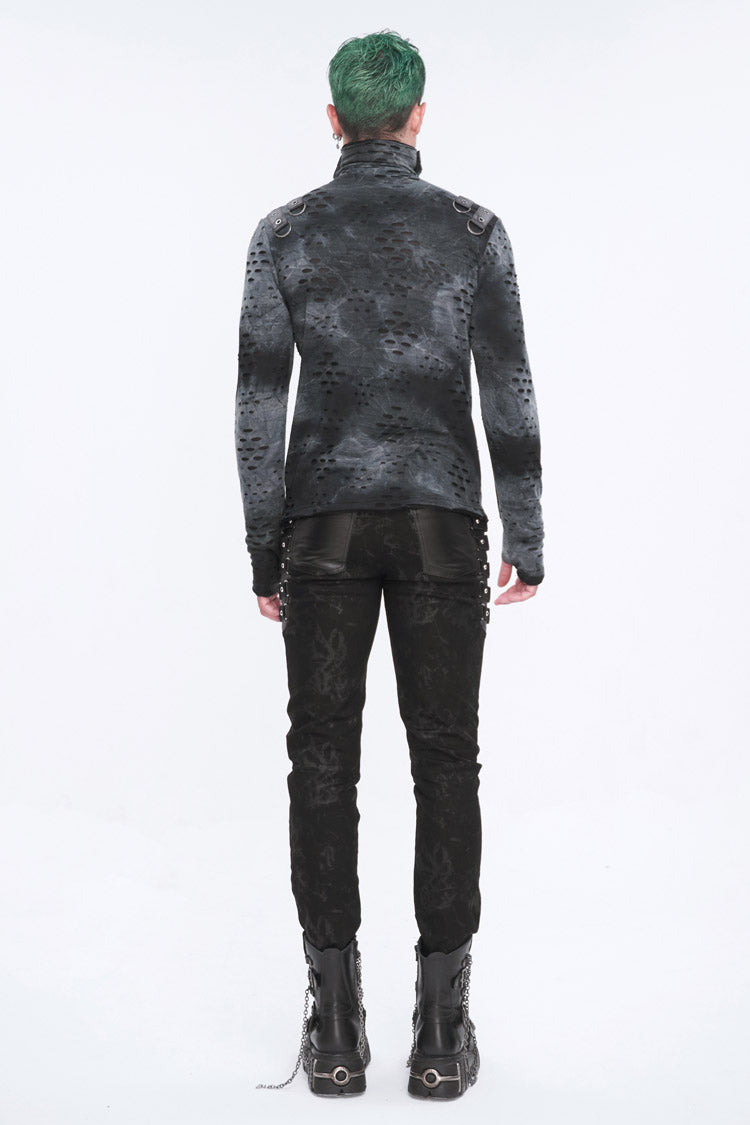 Men's Punk Shirt with Irregular Ripped Details, Stand Collar, Grey/Black