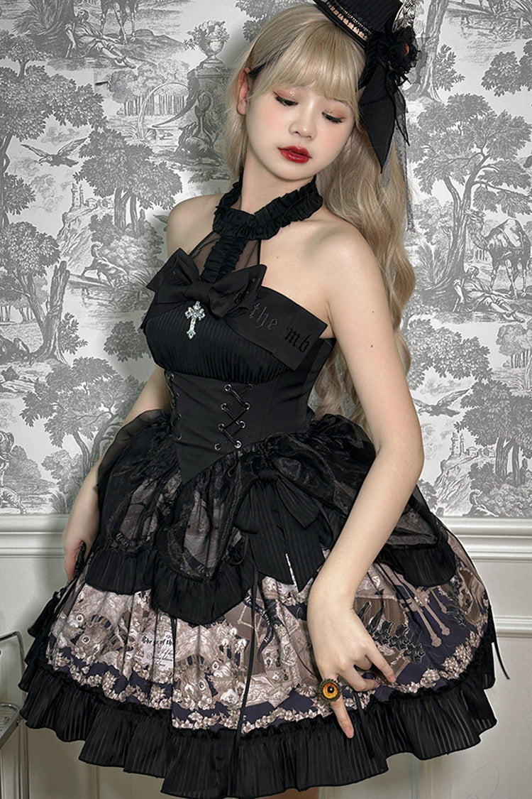 Black Halterneck Print Bowknot Drawstring Gothic Lolita Dress