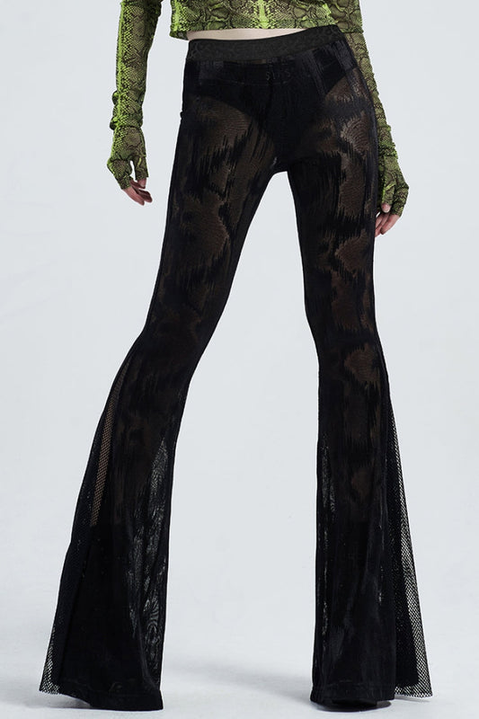 Python-Print Mesh Gothic Flared Trousers in Noir