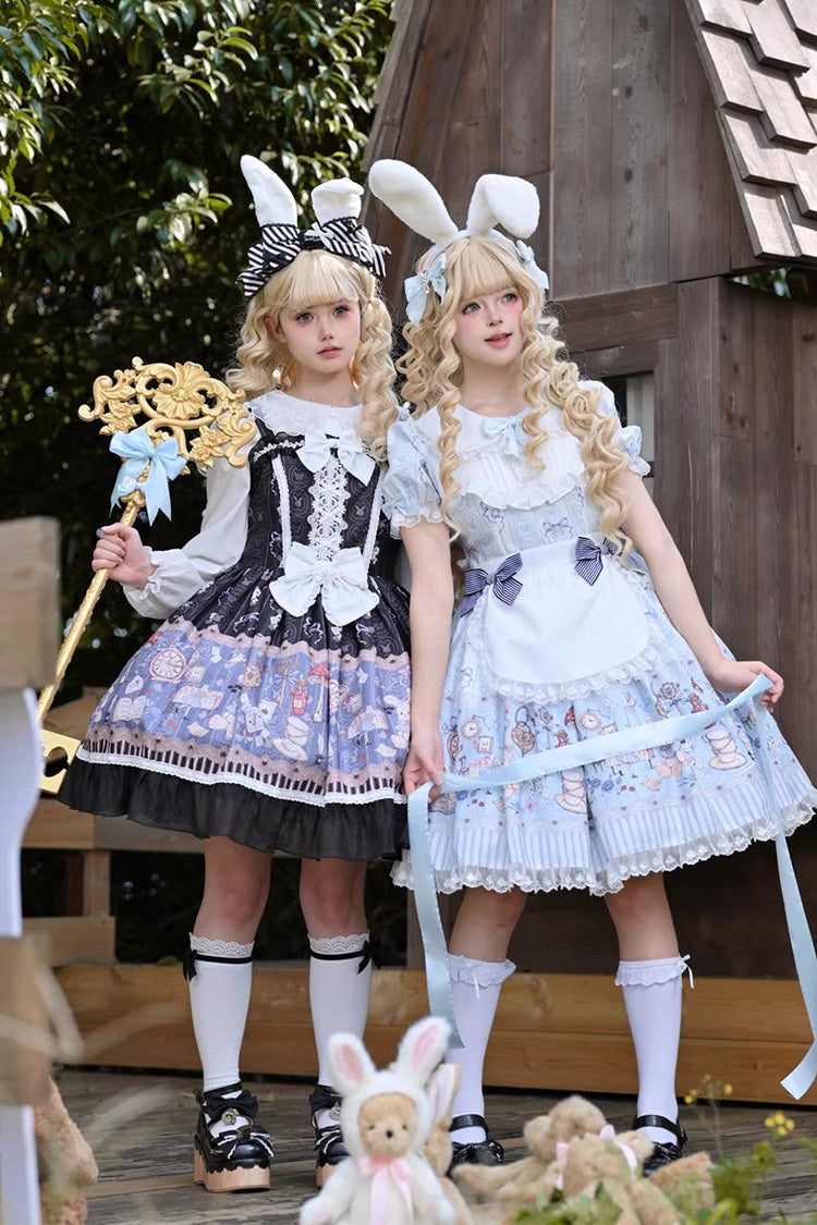 Light Blue Alice’s Fantasy Tale Doll Collar Short Sleeves Printed Bow Sweet Dress
