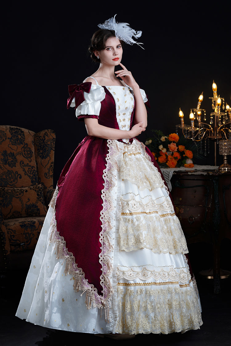 Crimson Apricot Off-Shoulder Short Sleeve Ruffled Cardigan Bow Lace Classic Victorian Lolita Dress