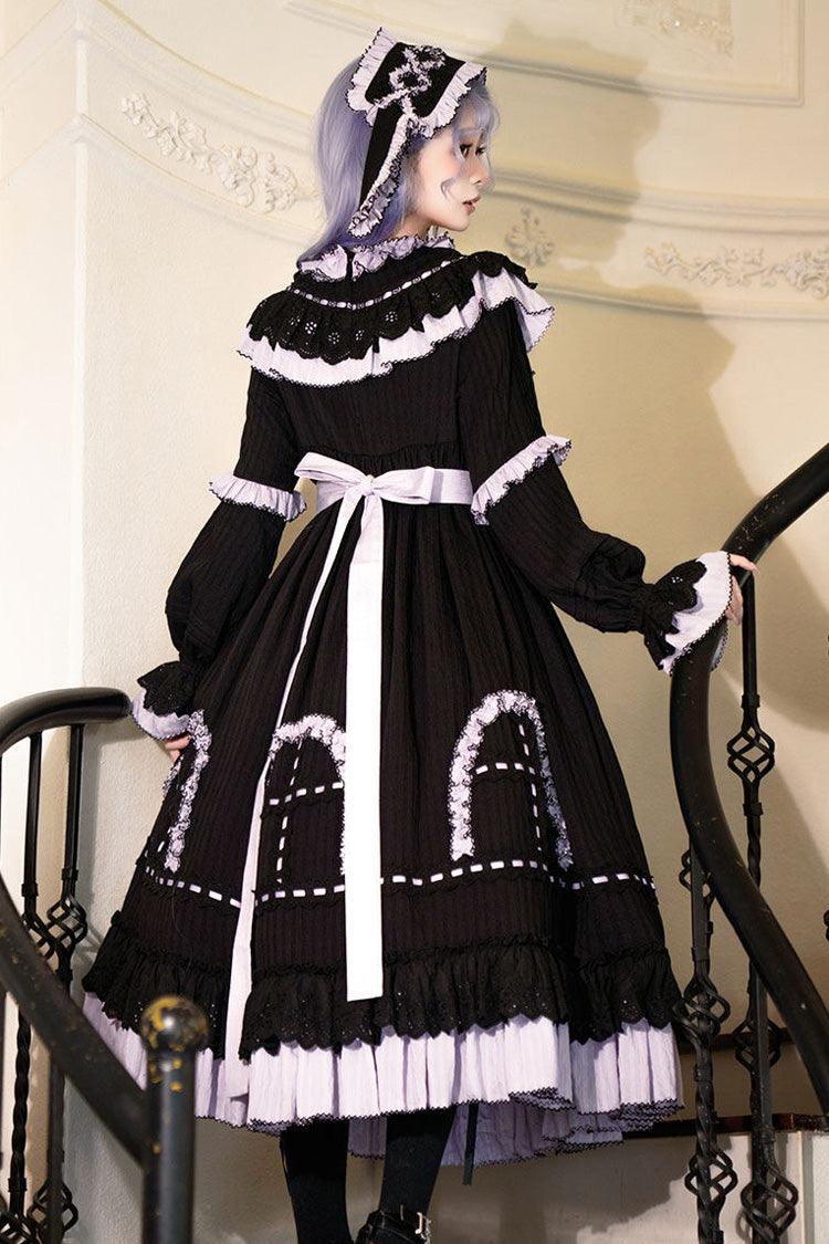 Noir Round Collar Long Sleeve Double Ruffle Lace-Up Dress - Twin Lilian