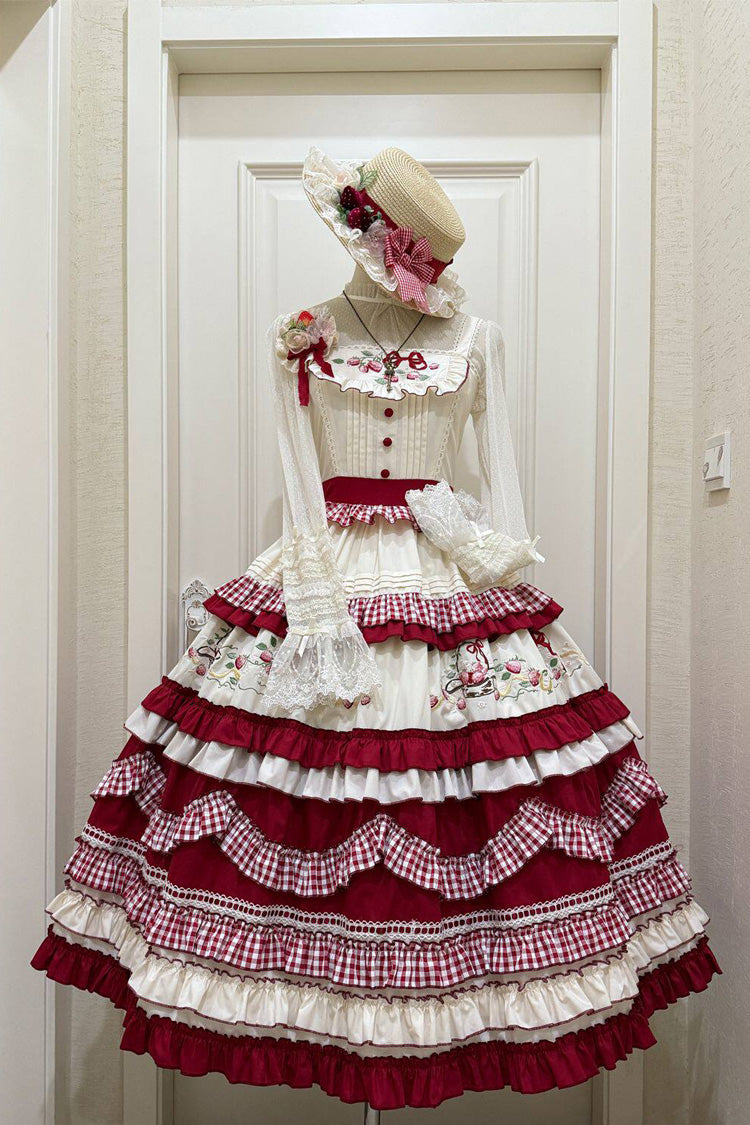 Crimson Strawberry Basket Square Neck Multi-Layer Print Ruffled Embroidered Bow Sweet Lolita JSK