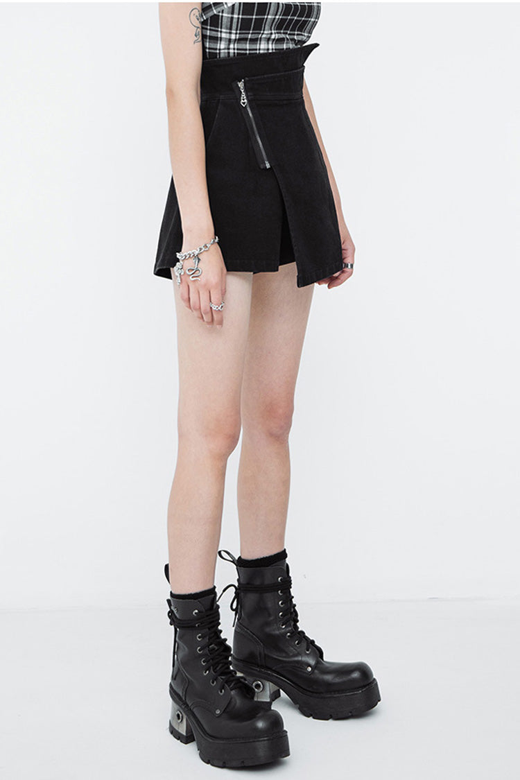 Jet Metallic Zipper High-Rise Asymmetric Punk A-Line Shorts for Women