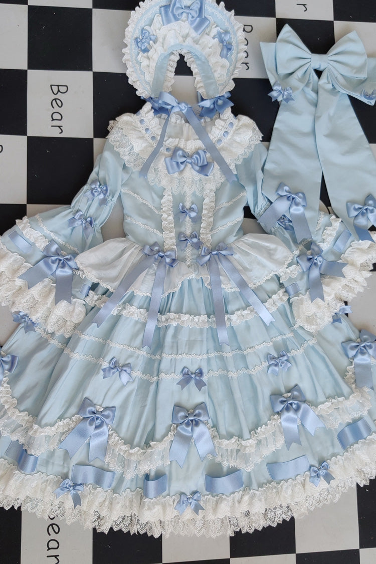 Blue Round Collar Long Trumpet Sleeve Bow Lace Elegant Princess Dress
