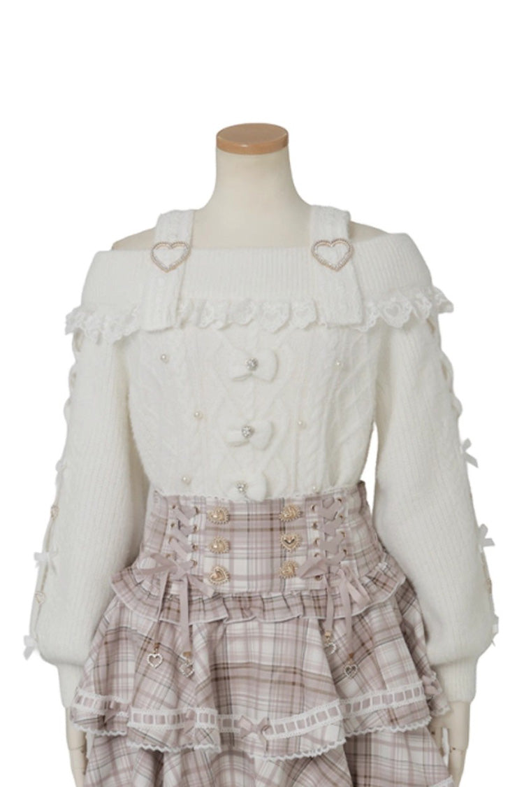 Fluffy Heart Elegant Knit Top with Boat Neckline and Sleeve Bows