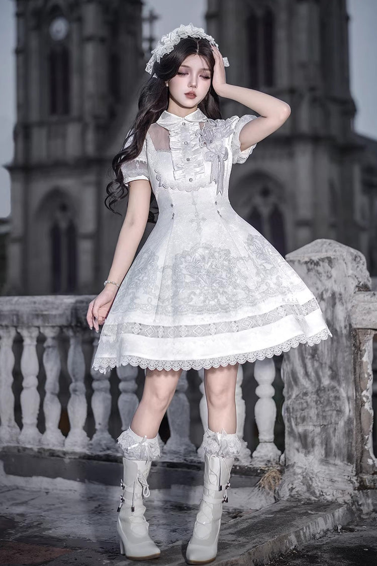 Ivory Classic Gothic Lolita Dress with Ruffled Lace and Short Sleeves