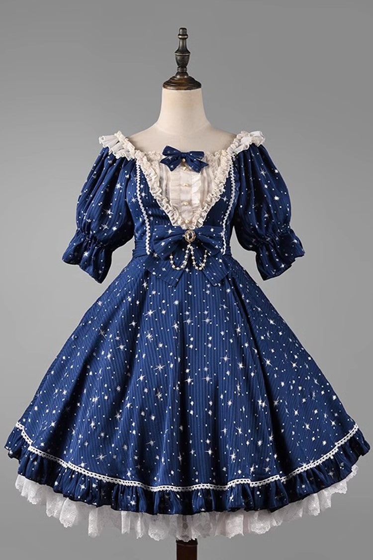 Star Print Short-Sleeved Ruffled Bowknot Sweet OP