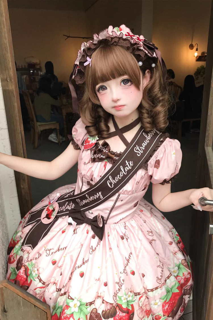 Square Collar Short Sleeves Printed Ruffled Bow Lace Sweet Lolita Dress - Strawberry Chocolate Lover