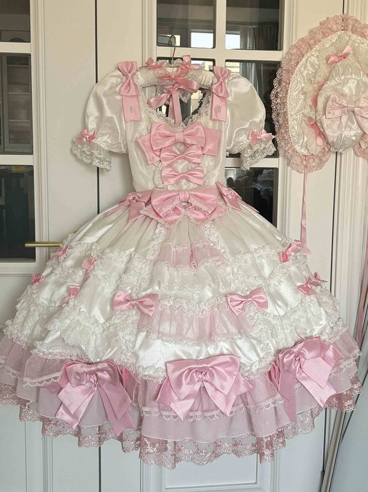 Detachable Dress High Pink Waist White Bow Sleeves with Princess Lolita Sweet Accents