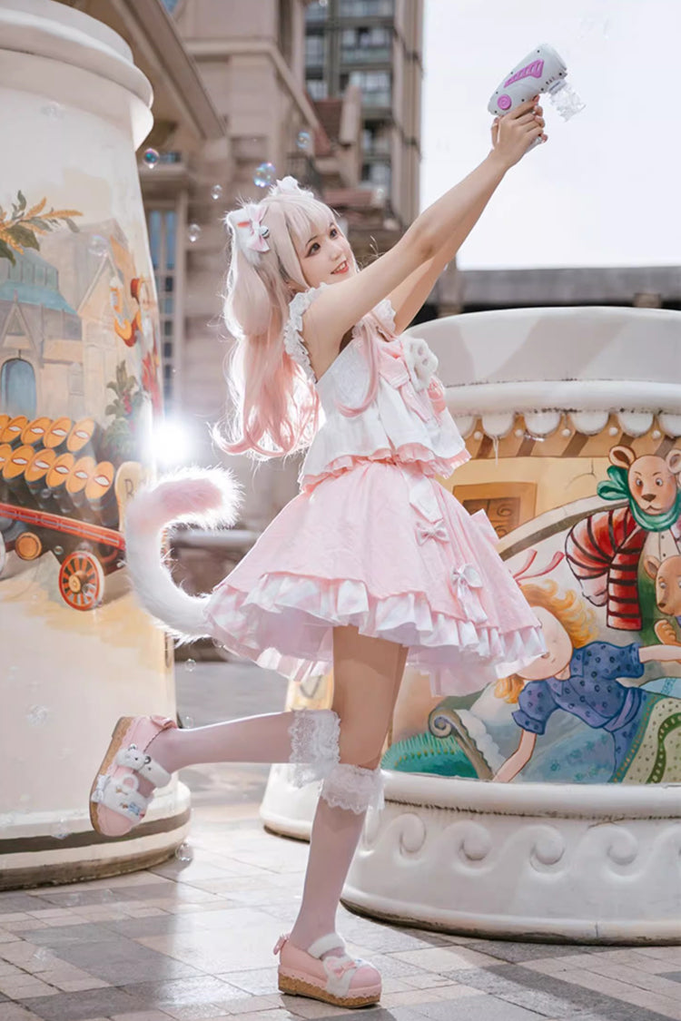Miss Meow Print Bowknot Skirt Set