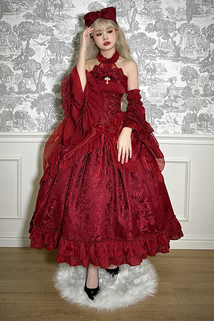 Solid Halterneck Ruffled Bowknot Drawstring Gothic Lolita Dress