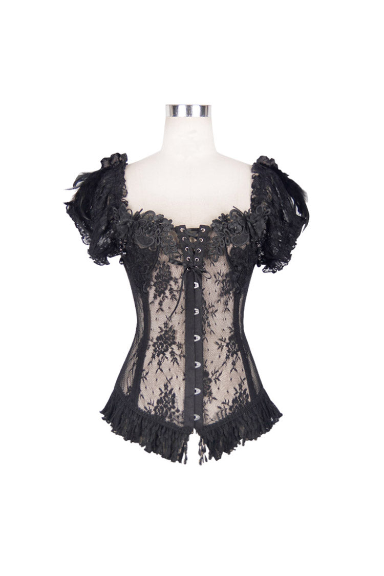 Fishbone Corset with Feather Accents and Lace Detailing