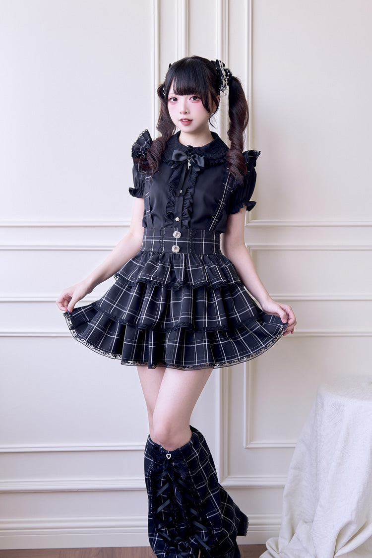 Japanese Strap Dress with Plaid Print and Ruffle