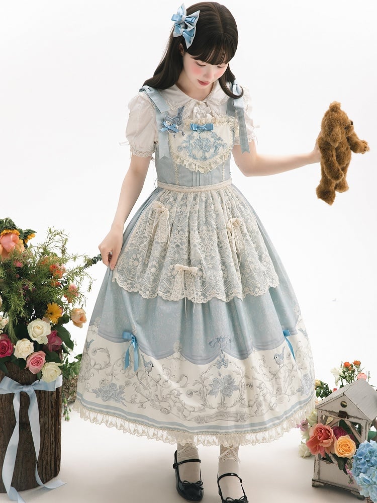 Floral Blue Lolita Jumper Skirt Print and Titmouse