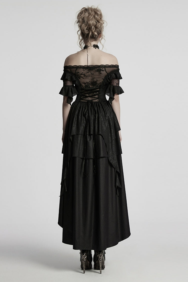 Jet Off-Shoulder Ruffle Sheer Gothic High-Low Prom Dress