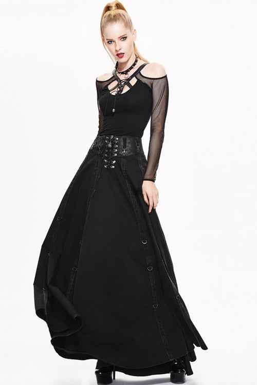 Leather Waistband Flowing Gothic Half Skirt with Punk Edge