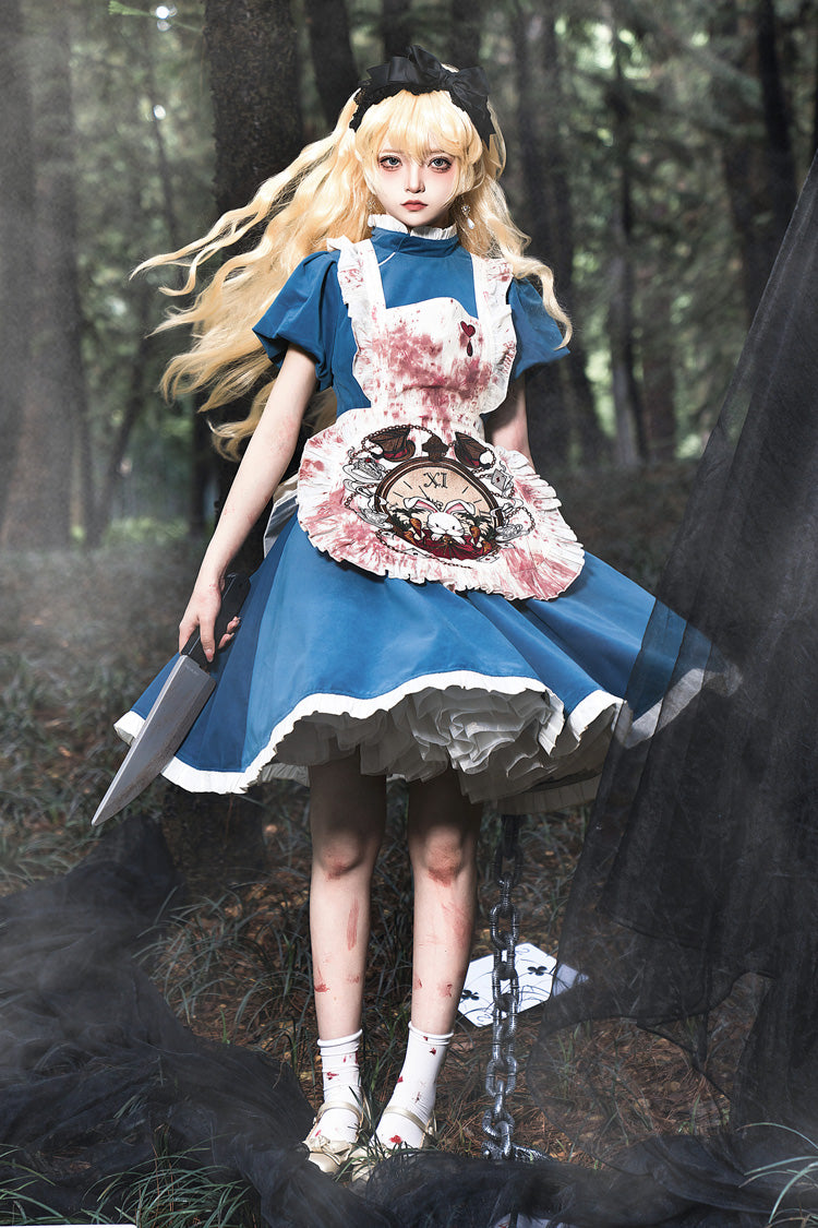 Blue Gothic Lolita Dress with Long Sleeves and Ruffles