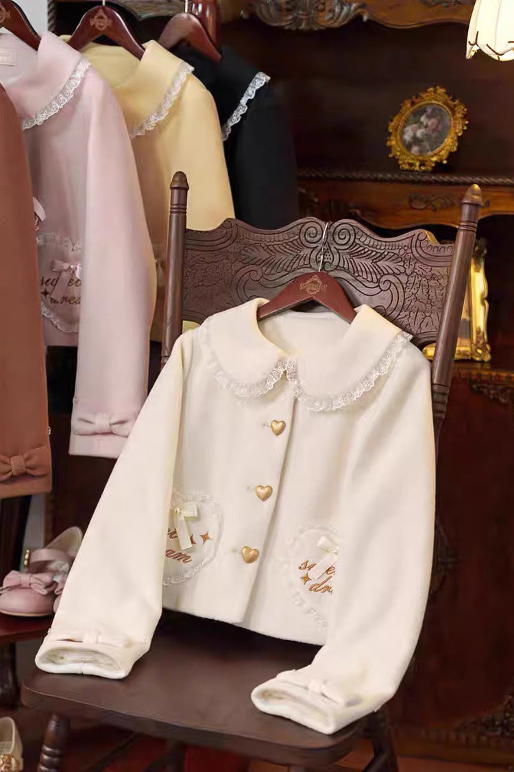Sweet Bow Lace Doll Collar Long-Sleeve Coat in 3 Colors - Creamy Dream Whisper