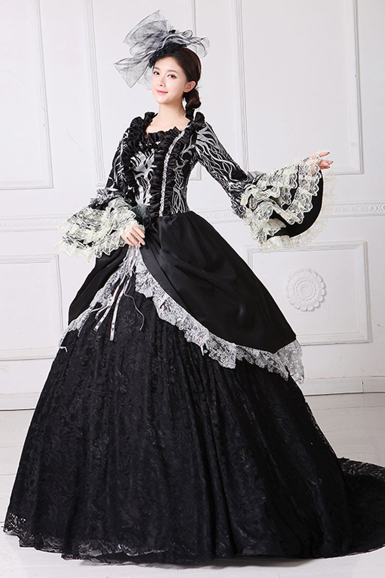 Black Lace Trumpet Sleeve Victorian Gown - Bowknot Hollow Embroidery