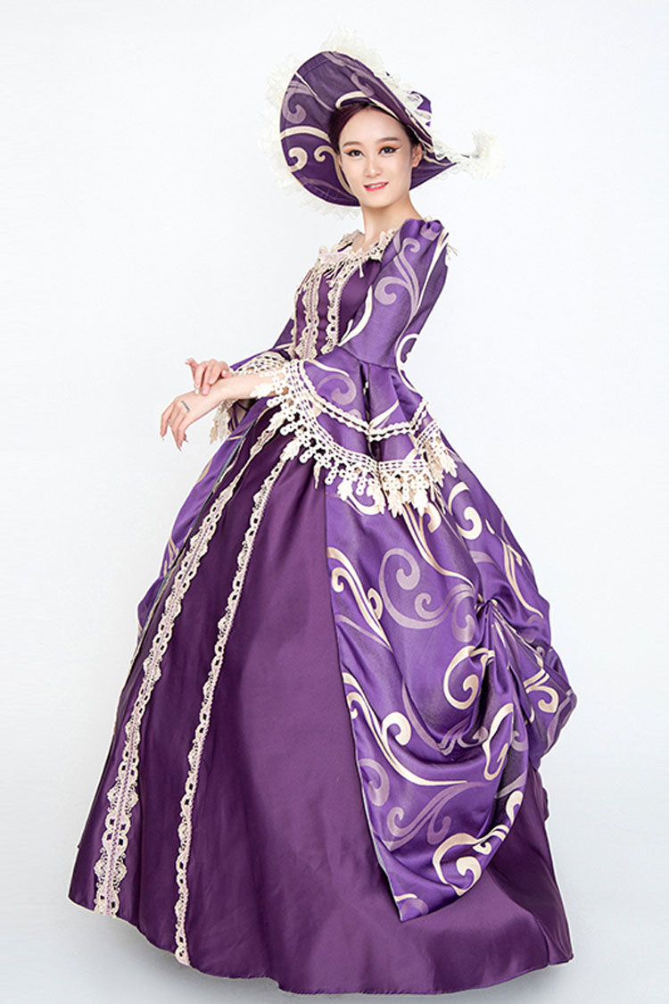 Purple Victorian Dress with Bell Sleeves and Floral Print - Altfashion Shop