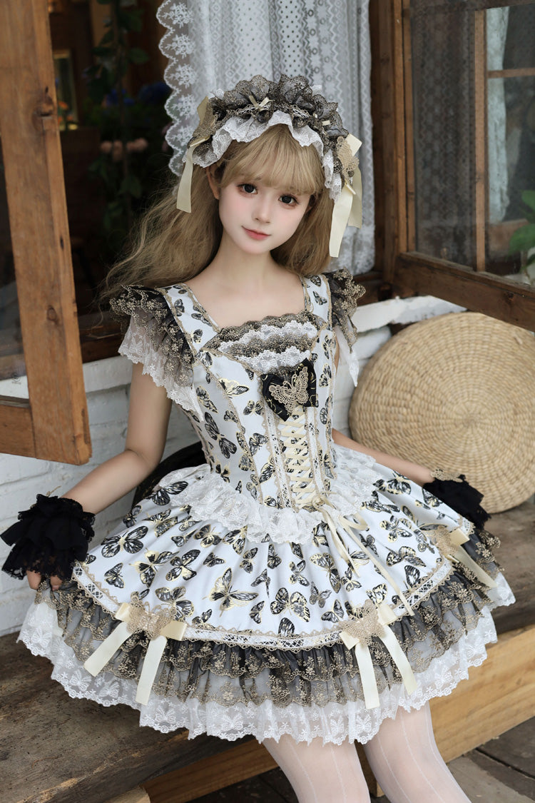 Golden Spirit Butterfly Print Sleeveless Ruffle Lace-Up JSK Dress Set