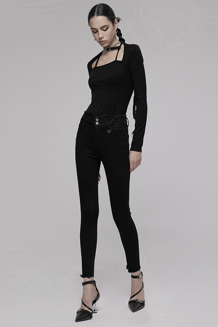 Punk Denim Pants with Metal Decor and Crossed Straps