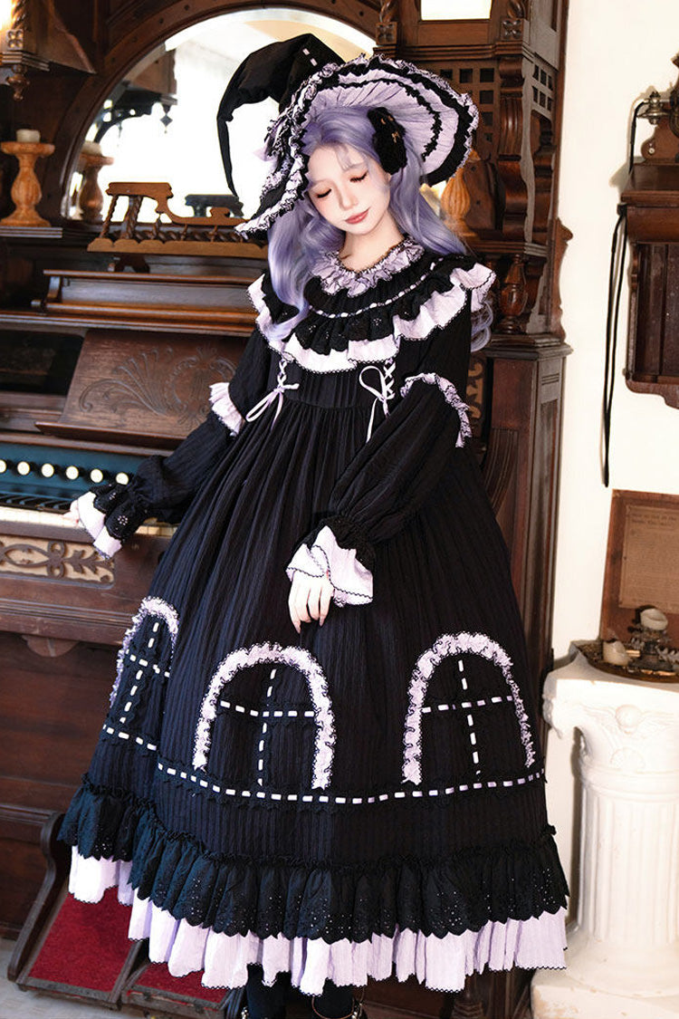 Noir Round Collar Long Sleeve Double Ruffle Lace-Up Dress - Twin Lilian