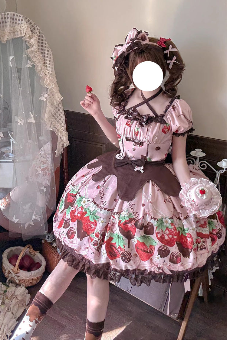 Square Collar Short Sleeves Printed Ruffled Bow Lace Sweet Lolita Dress - Strawberry Chocolate Lover