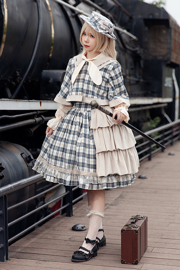 Sweet Lolita Strap Dress with Asymmetric Ruffle, High Waist, Grey/Blue Morning Tune