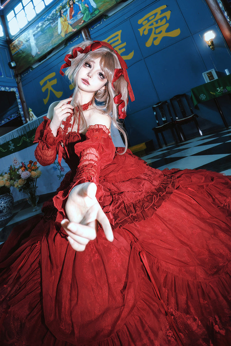 Wine Red Cross Halterneck Ruffle Bowknot Lace Lace-Up Gothic Dress