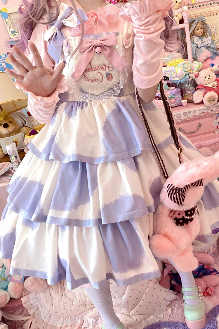 Blue Sleeveless Triple Layer Cow Print Ruffle Bow Sweet Jsk