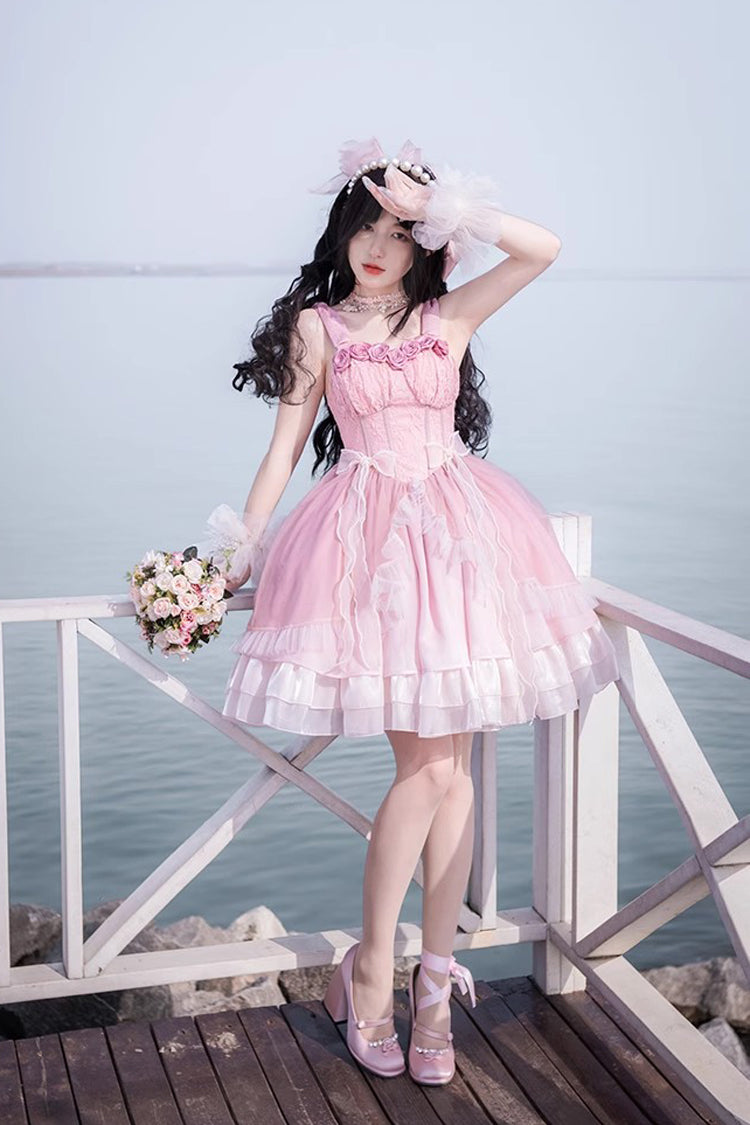 Gradient Pink Fish Bone Ballet Sweet JSK
