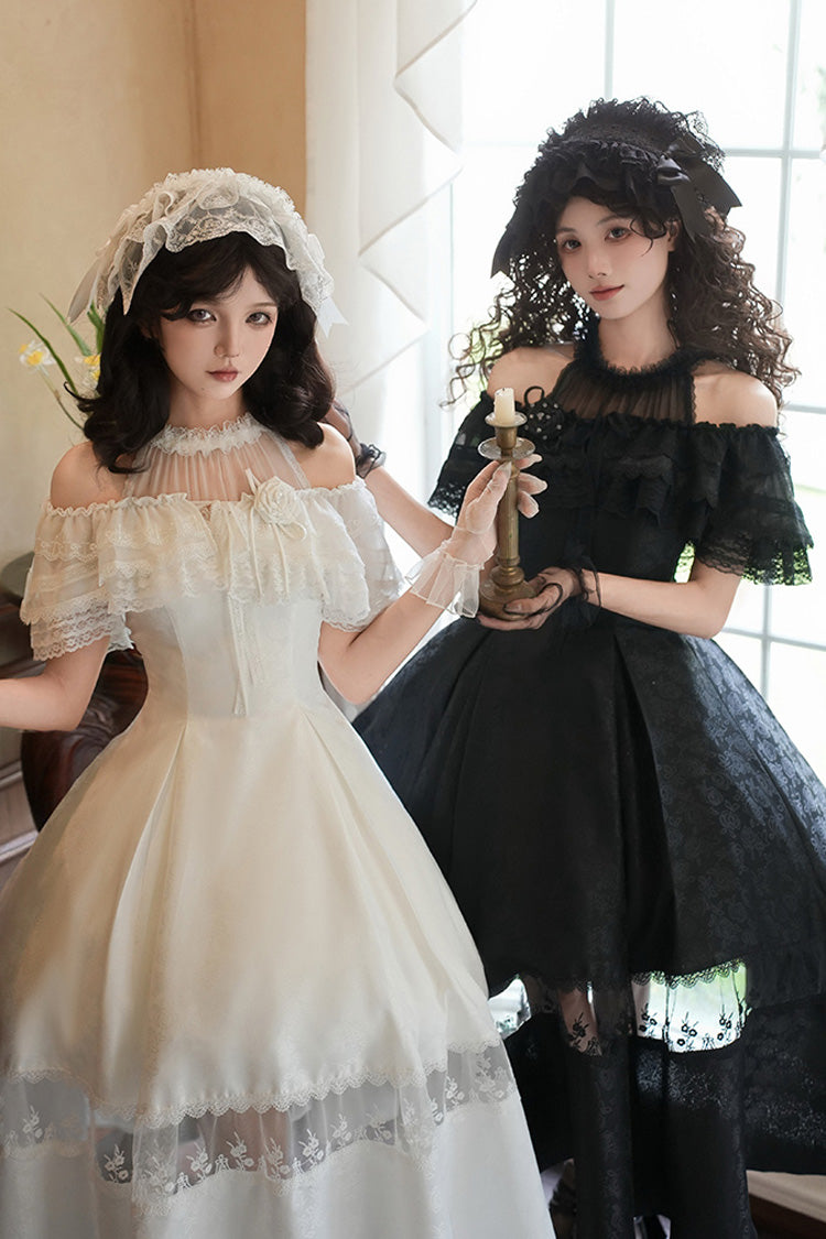 Snow Off Shoulder Halterneck Printed Ruffle Gothic Elegant Dress - Flowers in the Mist