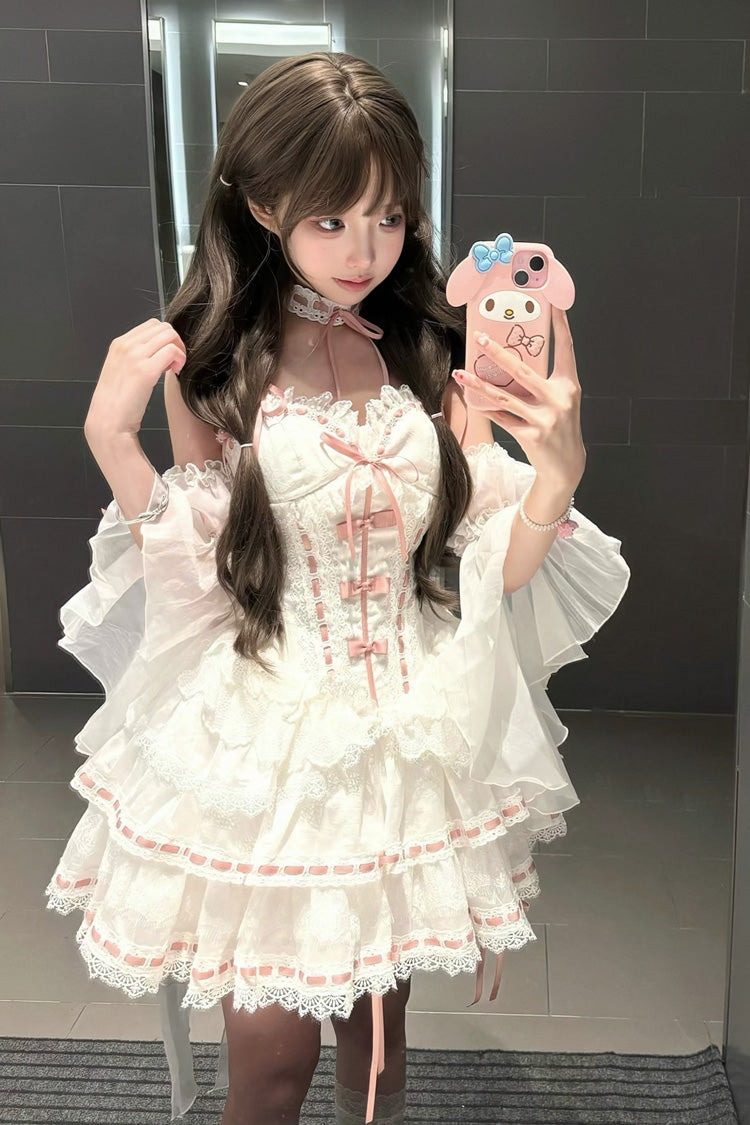 White Little Love Song Detachable Trumpet Sleeve Bow Lace Top Skirt Set