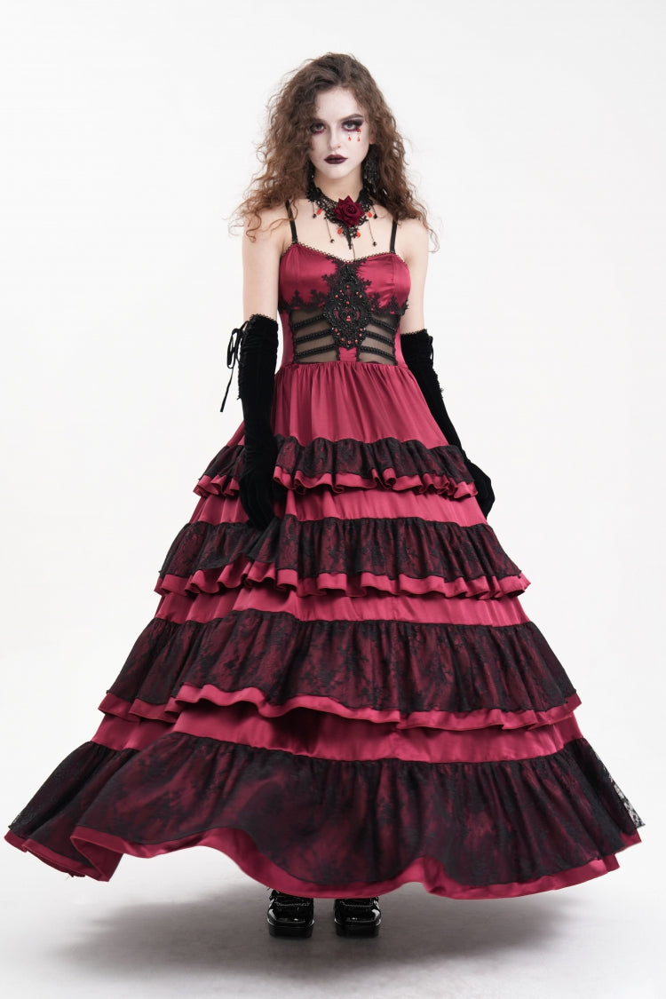 Red Multi-Layered Ruffle Lace-Up Mesh Women's Gothic Dress