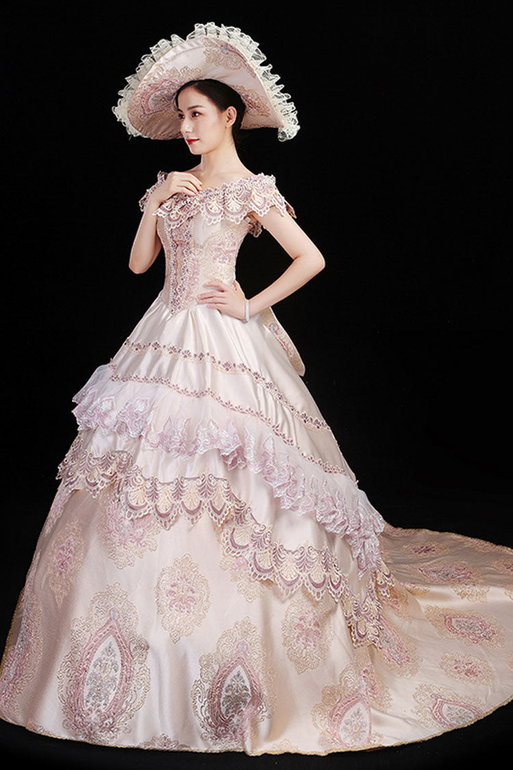 Pink Victorian Dress with Boat Neck and Floral Embroidery - Altfashion Shop