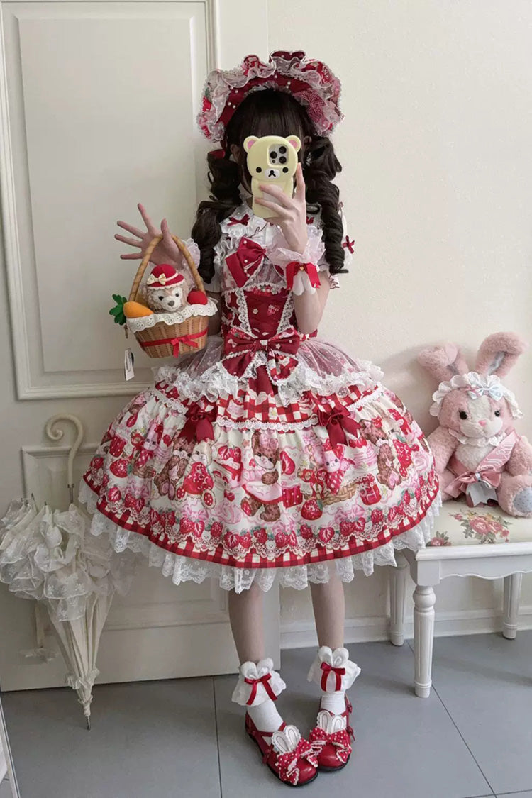Crimson Sweet Berry Bunny Bear Printed Bow Lace Laced Sweet Lolita Jumper Dress