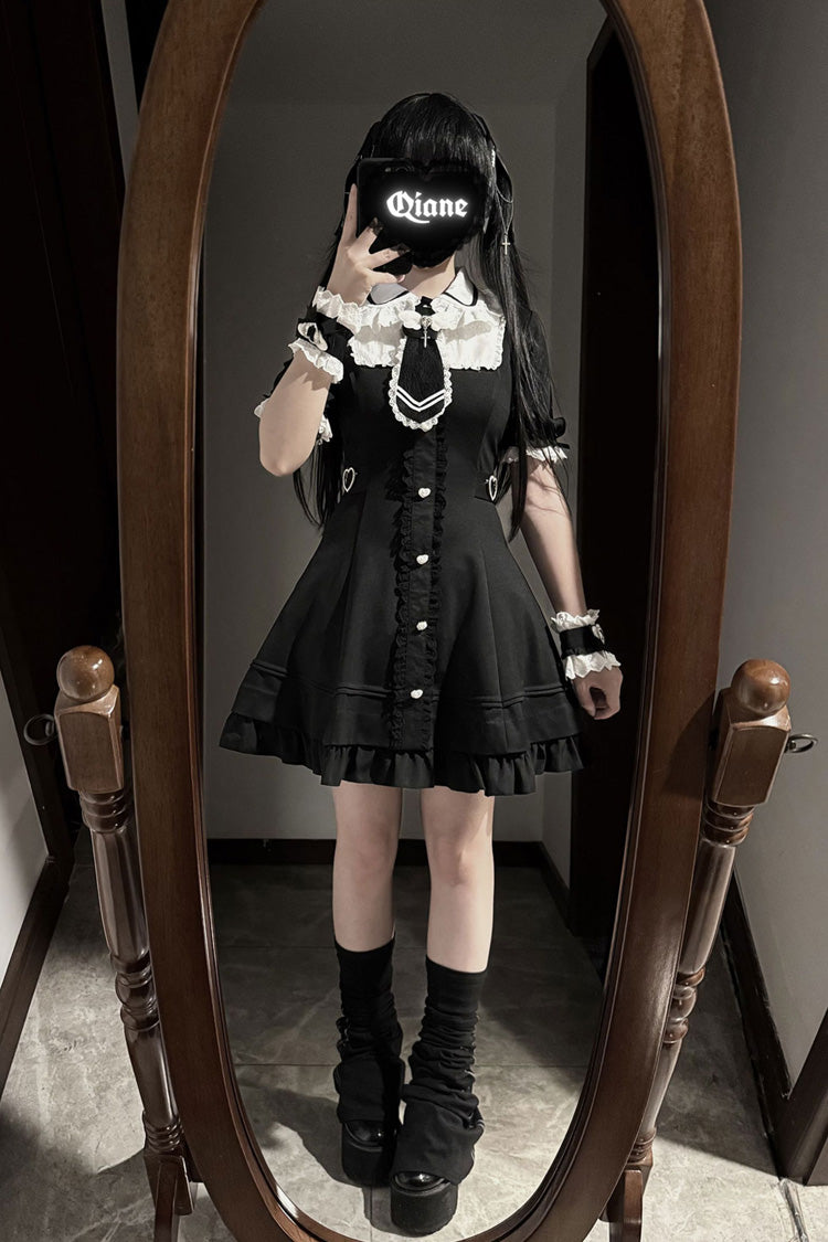 Black Short Sleeve Ruffled Bow Stitching Lace Gothic Plus Size Jirai Kei Dress