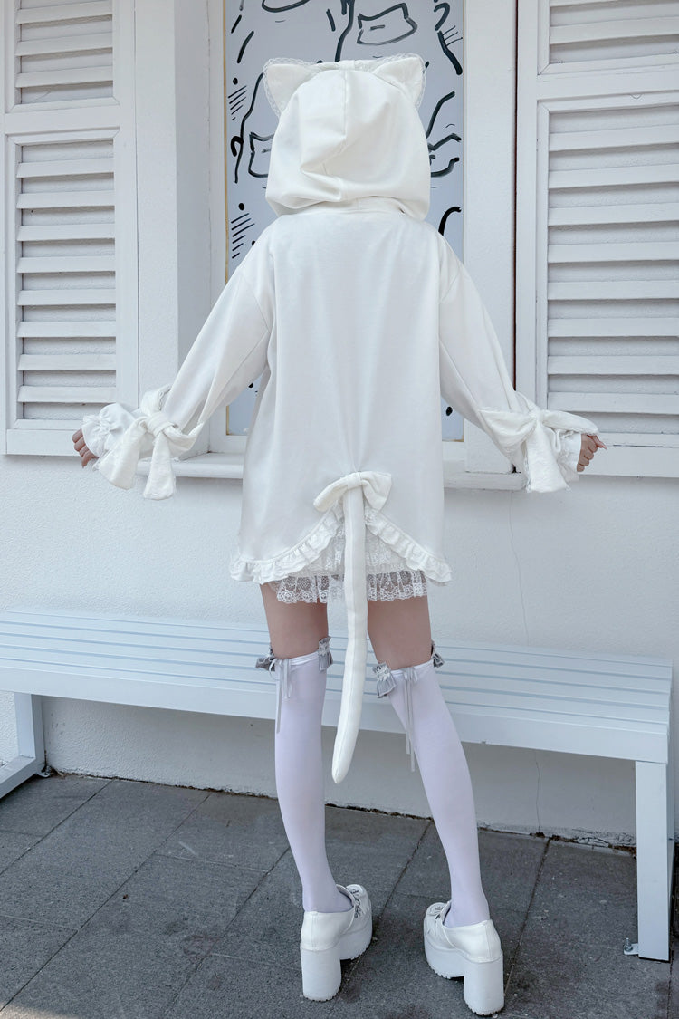 Ivory Cat Ear Hooded Ruffled Bow Accent Dark Jirai Kei Coat