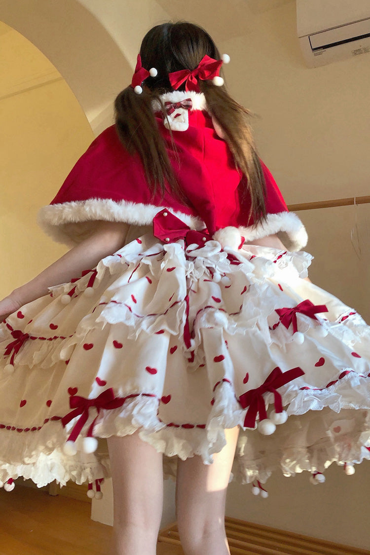 Crimson Apricot Triple-Layered Printed Ruffled Bow Lace Sweet Princess Lolita Dress with Cape