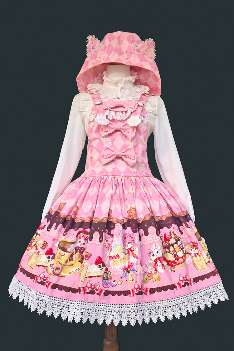 Hooded Strap Dress with Print and Bow in 3 Shades - Cream Meow