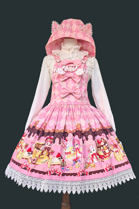 Hooded Strap Dress with Print and Bow in 3 Shades - Cream Meow