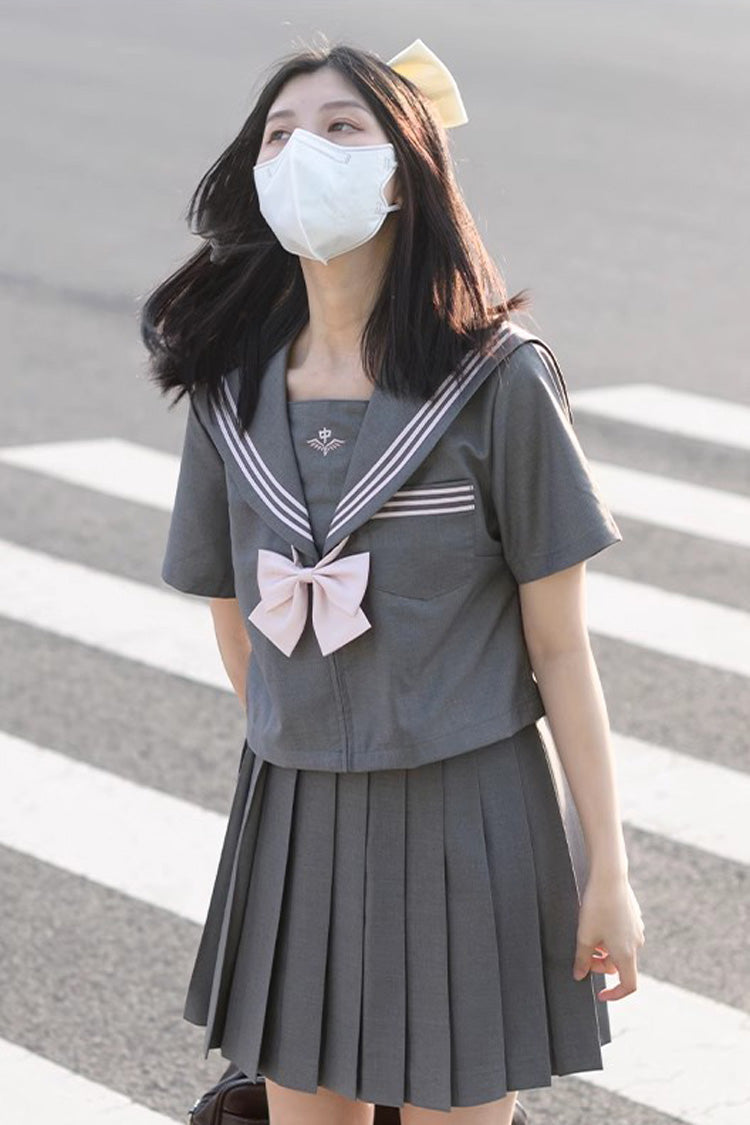 Ash Navy-Collar School Pleated Skirt