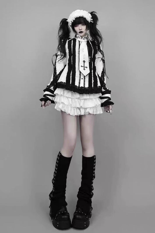 White Black Lapel Collar Long Sleeve Embroidered Gothic Jirai Kei Blouse