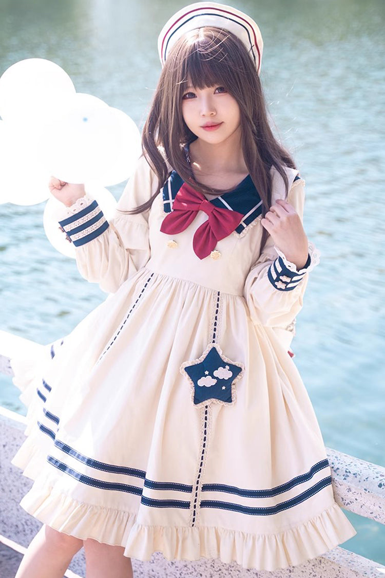 Navy Bowknot Ruffle Long Sleeve Lolita Dress