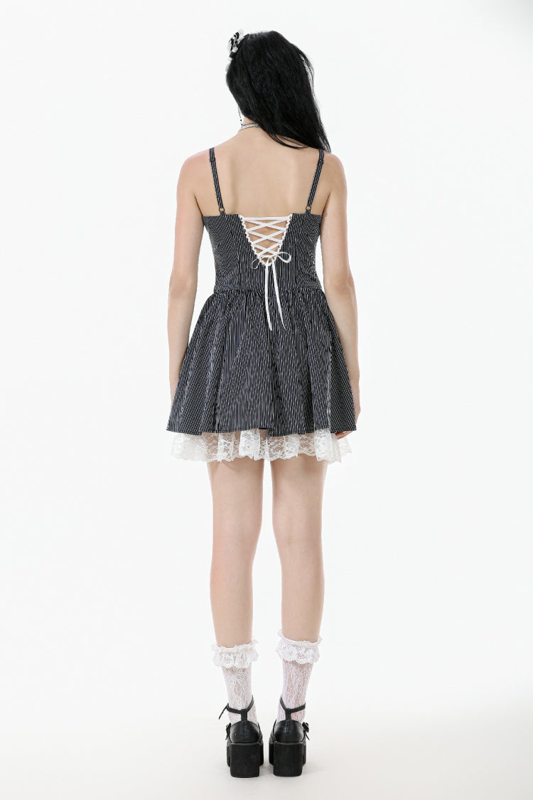 Monochrome Gothic Lolita Slip Dress with Pinstripes and Lace-Up Details