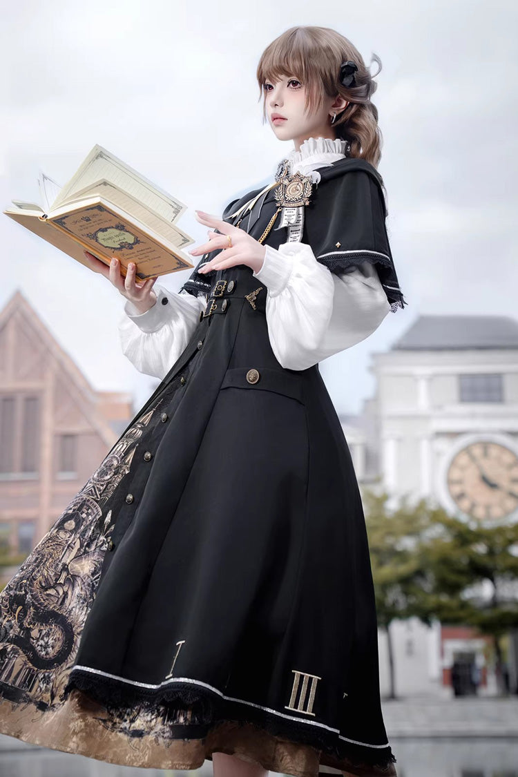 Long Sleeves Printed Embroidered College Style Gothic Vintage Lolita Dress Three-Piece Set - Dragon’s Aria