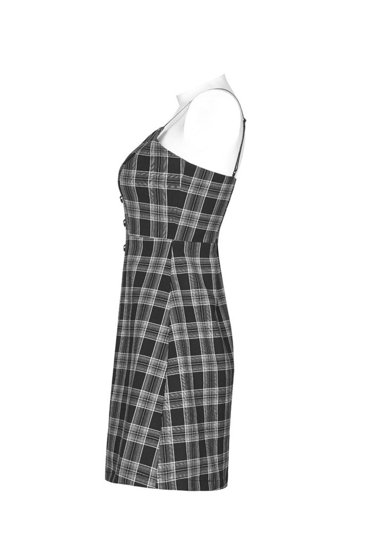 Monochrome Punk Suspender Dress with Plaid and Skull Studded Belt